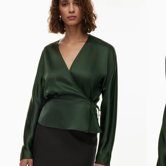 Aritzia Cleo green satin tie blouse. Size Large. - Picture 1 of 9
